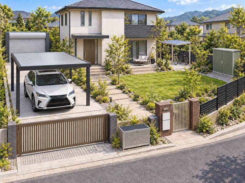 ビームスを参考にしたカーポート、アルシアを参考にした車庫、玄関、門まわりの設備がある住宅のイメージ。各カテゴリー名から商品一覧を開けます。